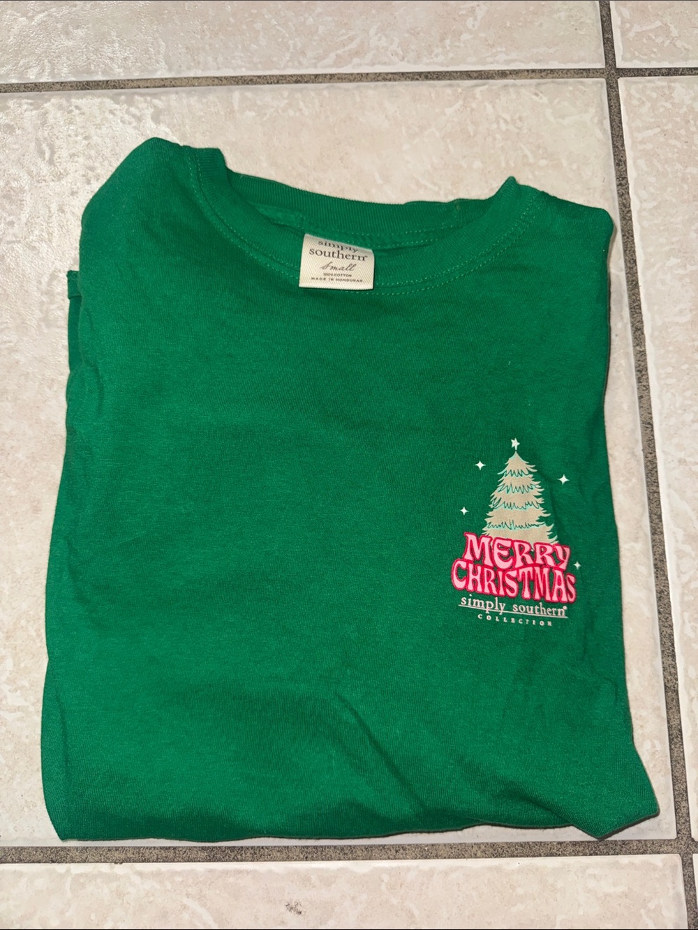 Simply Southern Green Tee with Pink 'Merry Christmas' Graphic